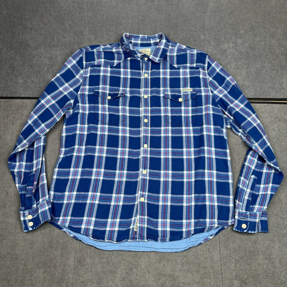 Lucky Brand Mens XL Blue Plaid Western Long Sleeve Button Down Shirt Pockets Y2k